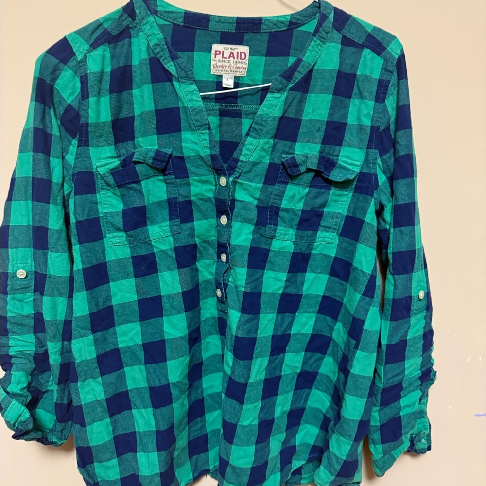 Old Navy Teal and Navy Plaid Shirt